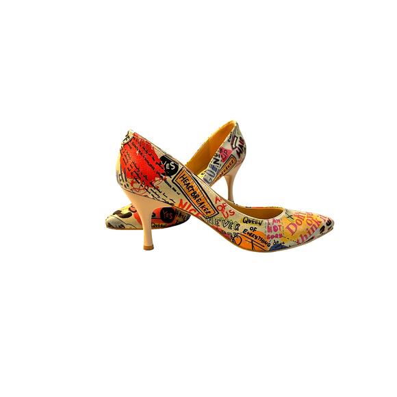 DOGO Vegan High Heel Shoes Cartoon And Slogans Print Women's Size 7 - Picture 5 of 14